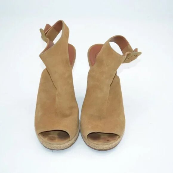 Tory Burch Tan Suede Leather Open Peep Toe Wood Wedge Slingback Heels Sandals 8 - Picture 12 of 14